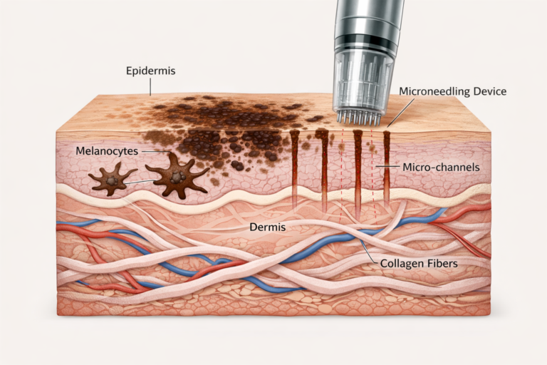Microneedling device creating micro-channels in skin with hyperpigmentation, showing melanocytes