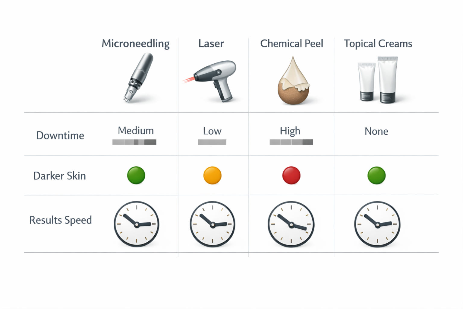 Comparison chart of microneedling versus laser, chemical peel and topical treatments for