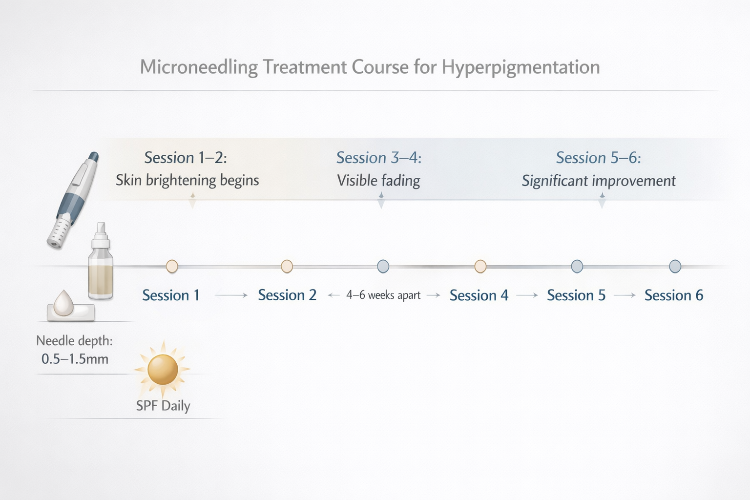 Microneedling treatment timeline infographic showing 3 to 6 sessions spaced 4 to 6 weeks apart for