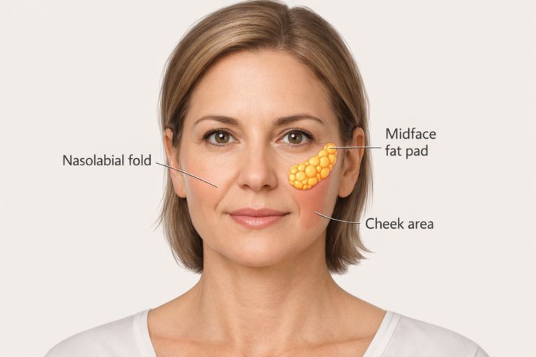 Illustration of nasolabial folds on a woman's face showing nose to mouth lines location