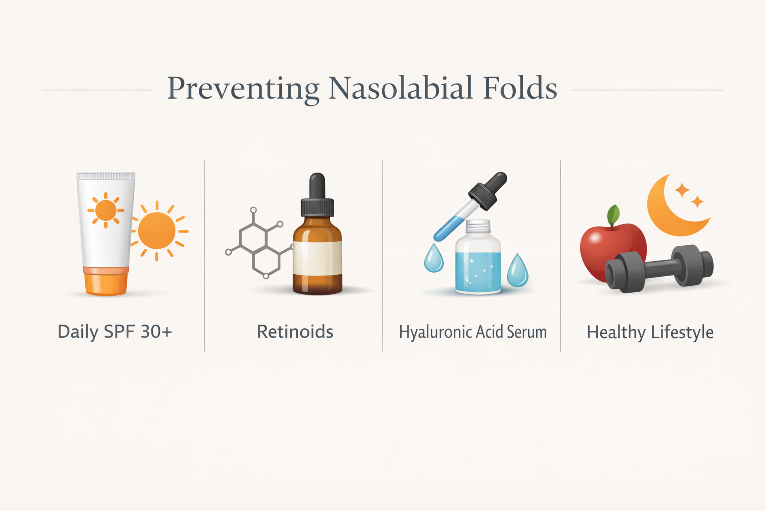 Skincare prevention infographic for nose to mouth lines showing SPF, retinoids, and lifestyle tips