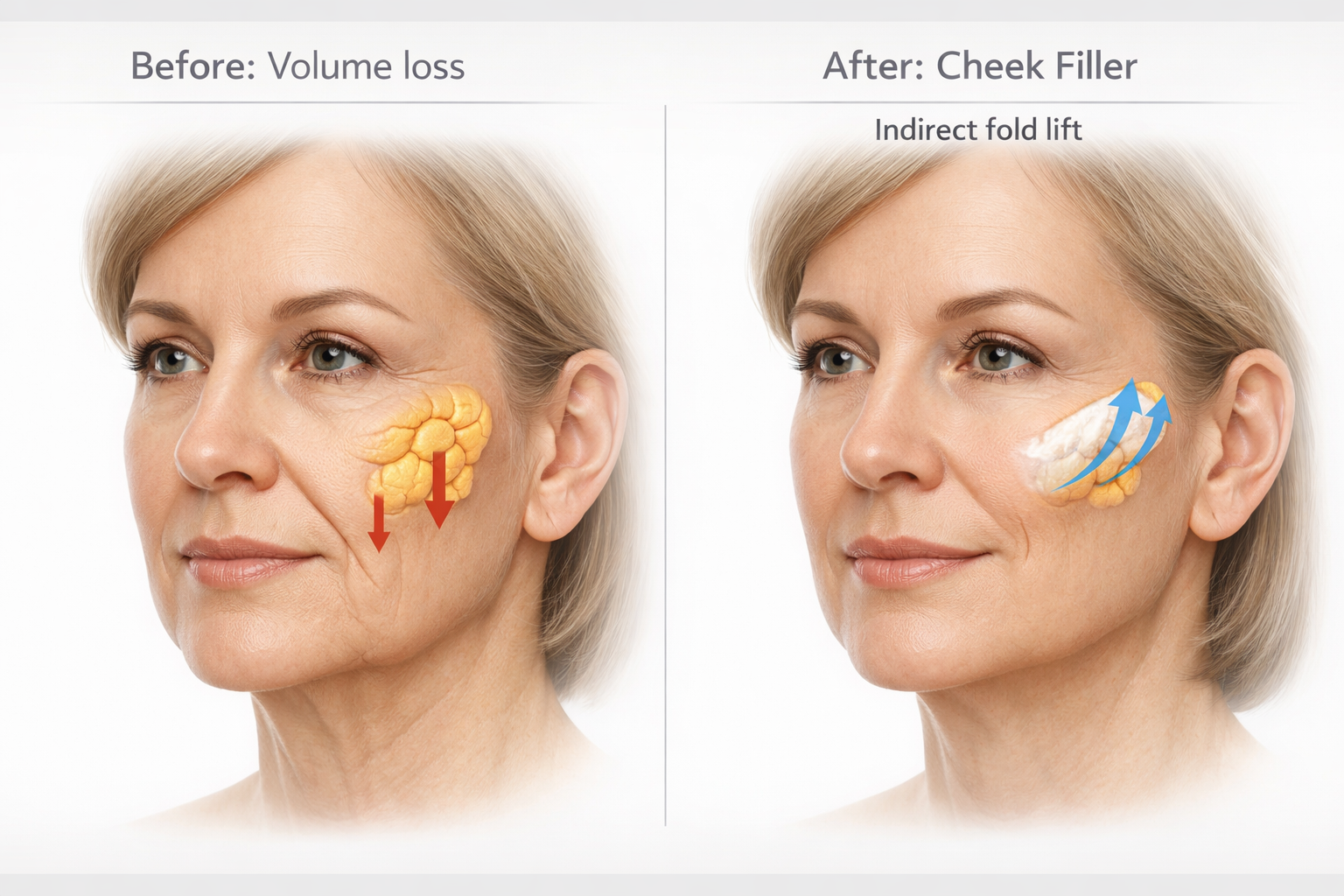Illustration showing how cheek filler restores midface support to indirectly lift nasolabial folds