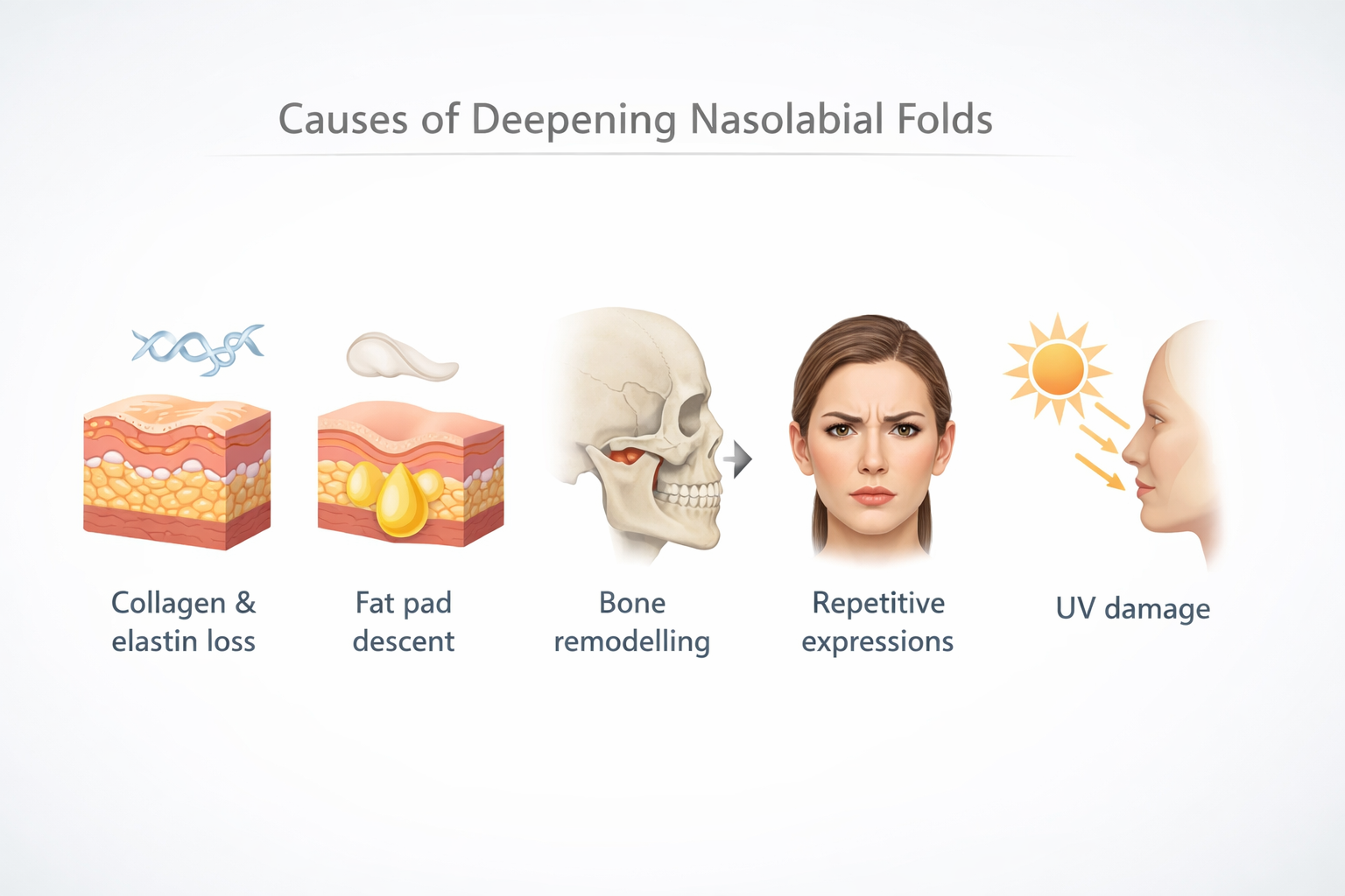 Infographic showing five causes of deepening nose to mouth lines including collagen loss and fat