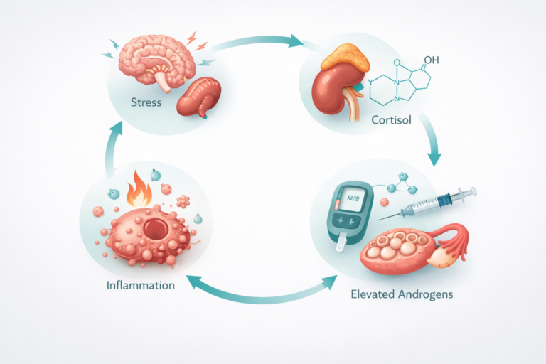 Diagram illustrating the hormonal cycle driving a PCOS flare-up