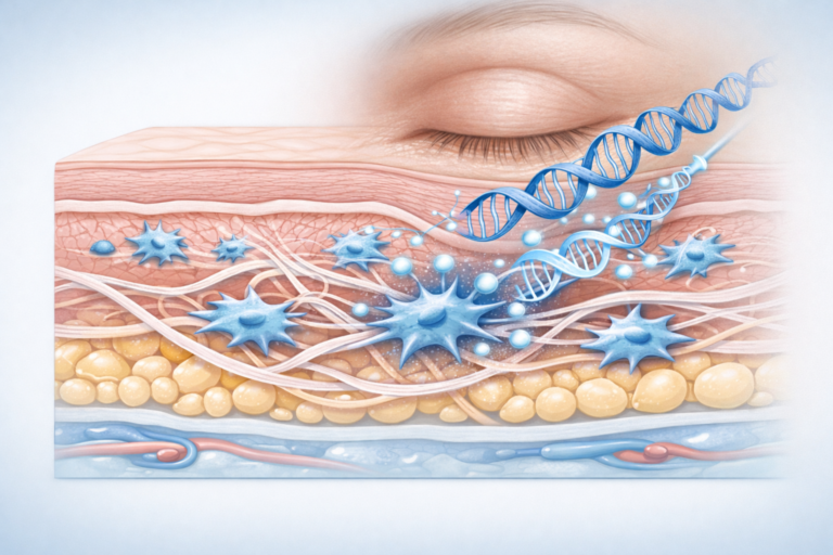 Illustration of polynucleotide injections stimulating collagen in under-eye skin layers