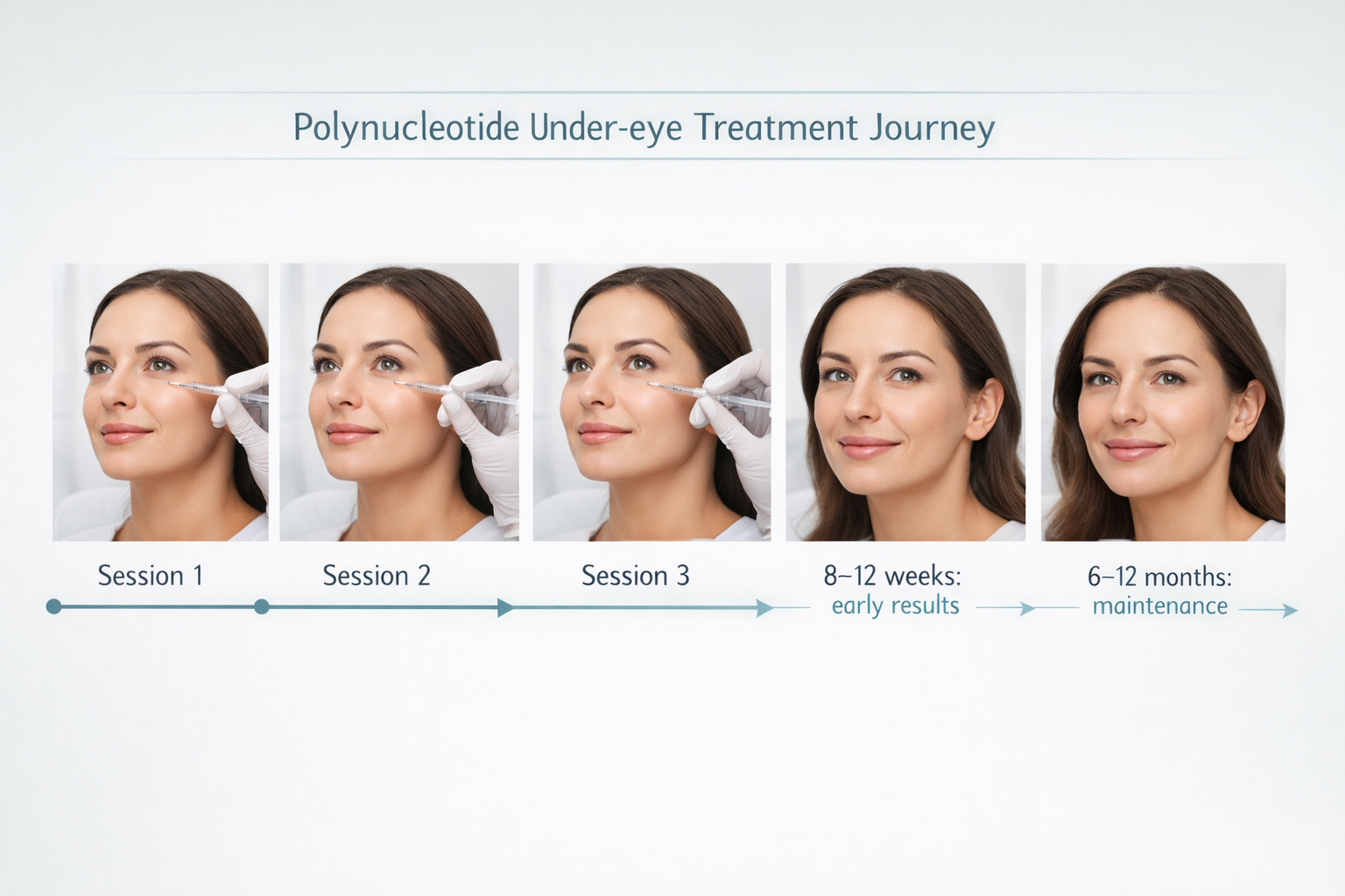 Timeline infographic showing polynucleotide under-eye treatment sessions and when results appear