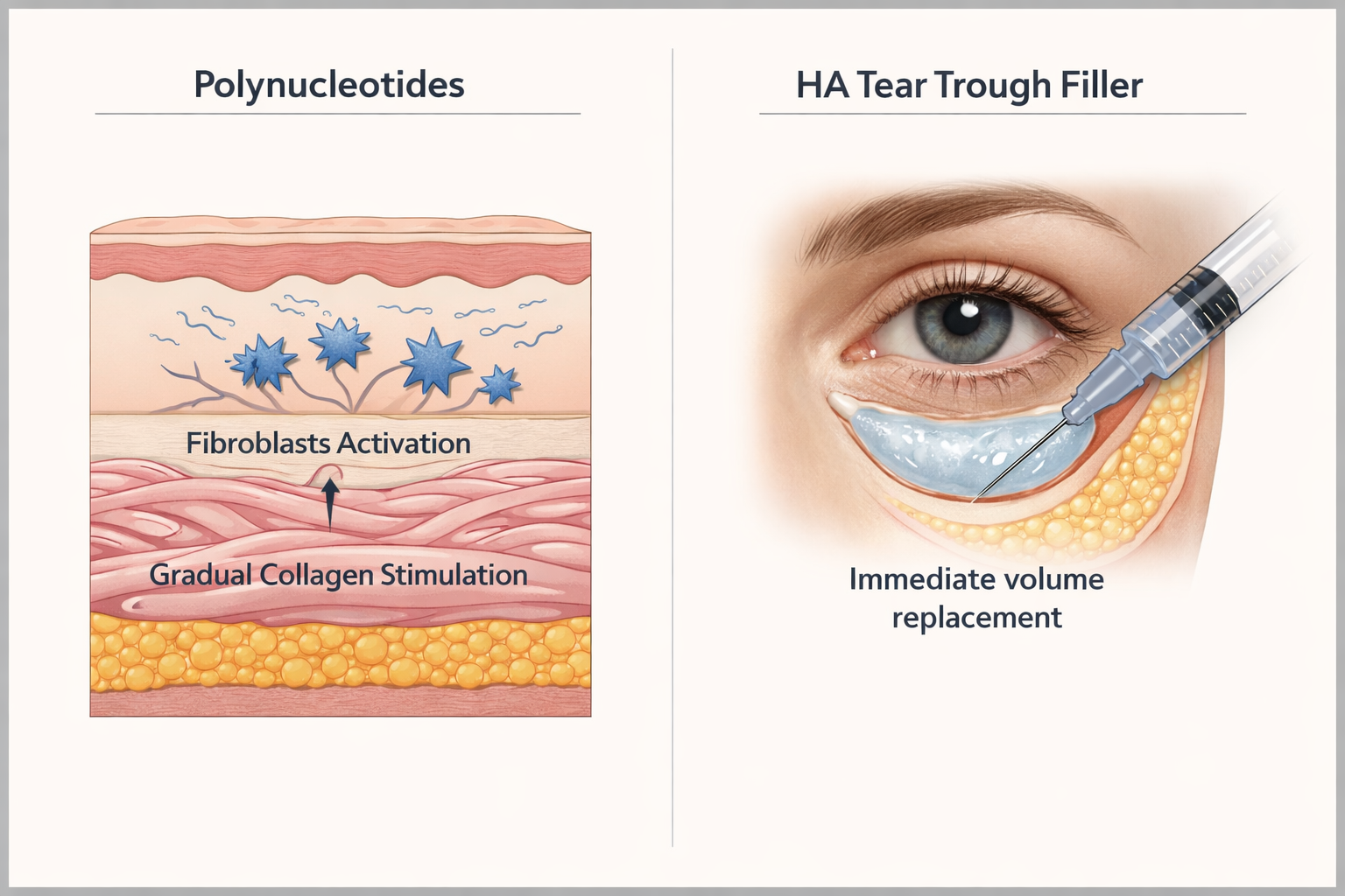 Comparison graphic showing polynucleotide bio-stimulator versus hyaluronic acid tear trough filler
