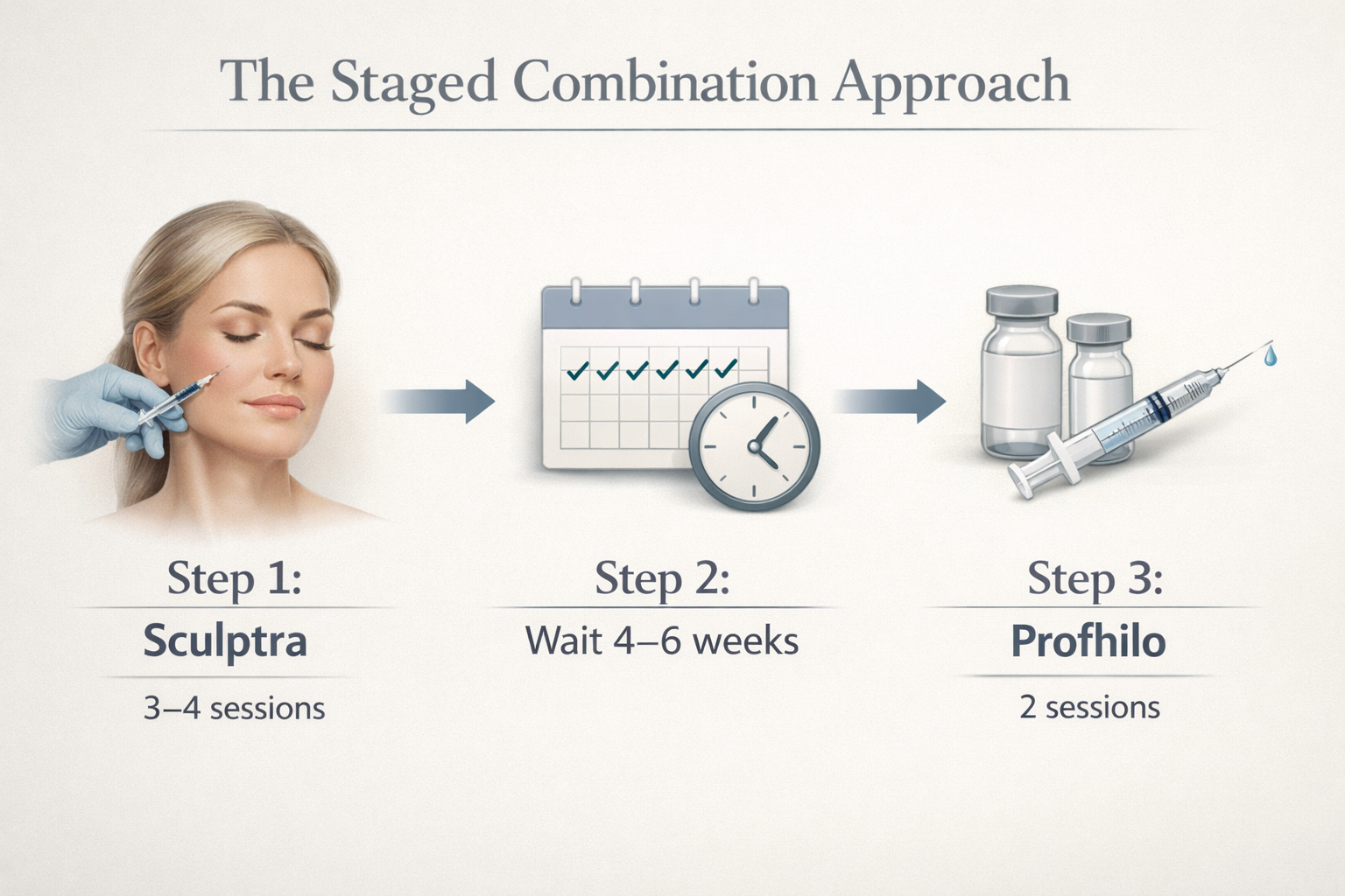 Staged combination treatment plan showing Sculptra followed by Profhilo sequence