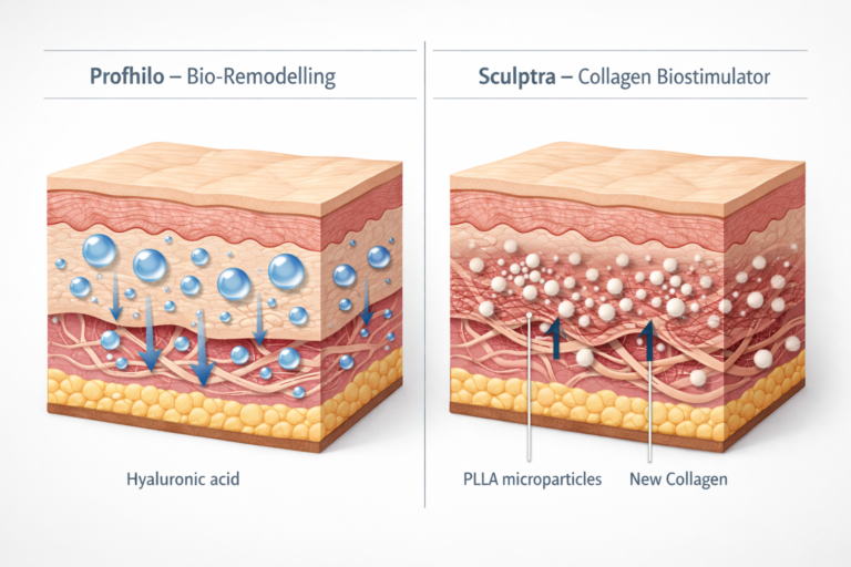 Profhilo vs Sculptra injectable treatment comparison illustration