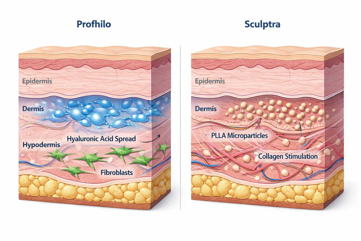 Diagram showing how Profhilo and Sculptra work in different skin layers