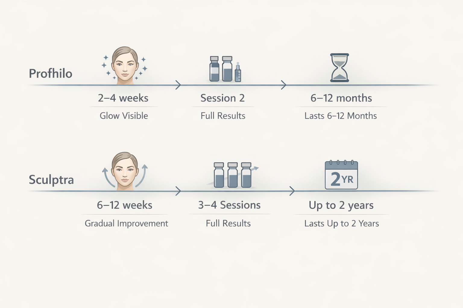 Timeline infographic comparing Profhilo and Sculptra results onset and longevity