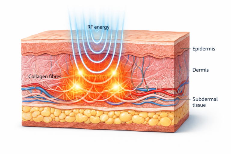 Illustration of radiofrequency energy penetrating skin layers to stimulate collagen remodelling