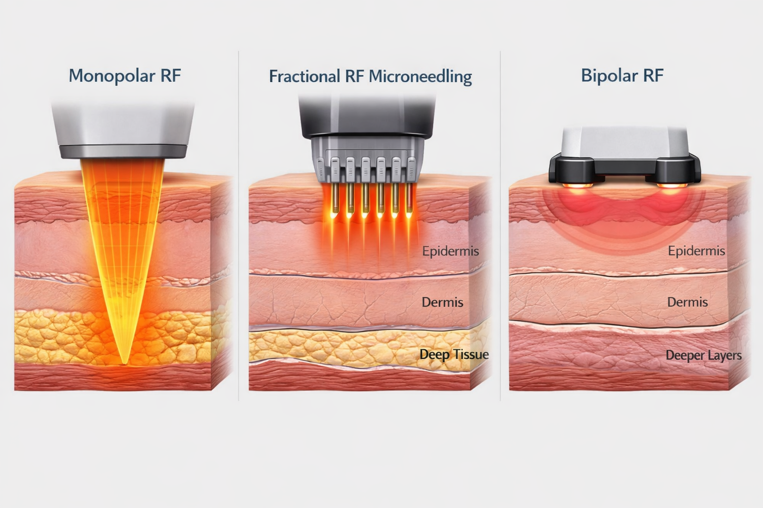 Comparison diagram of monopolar RF, fractional RF microneedling, and bipolar RF device types