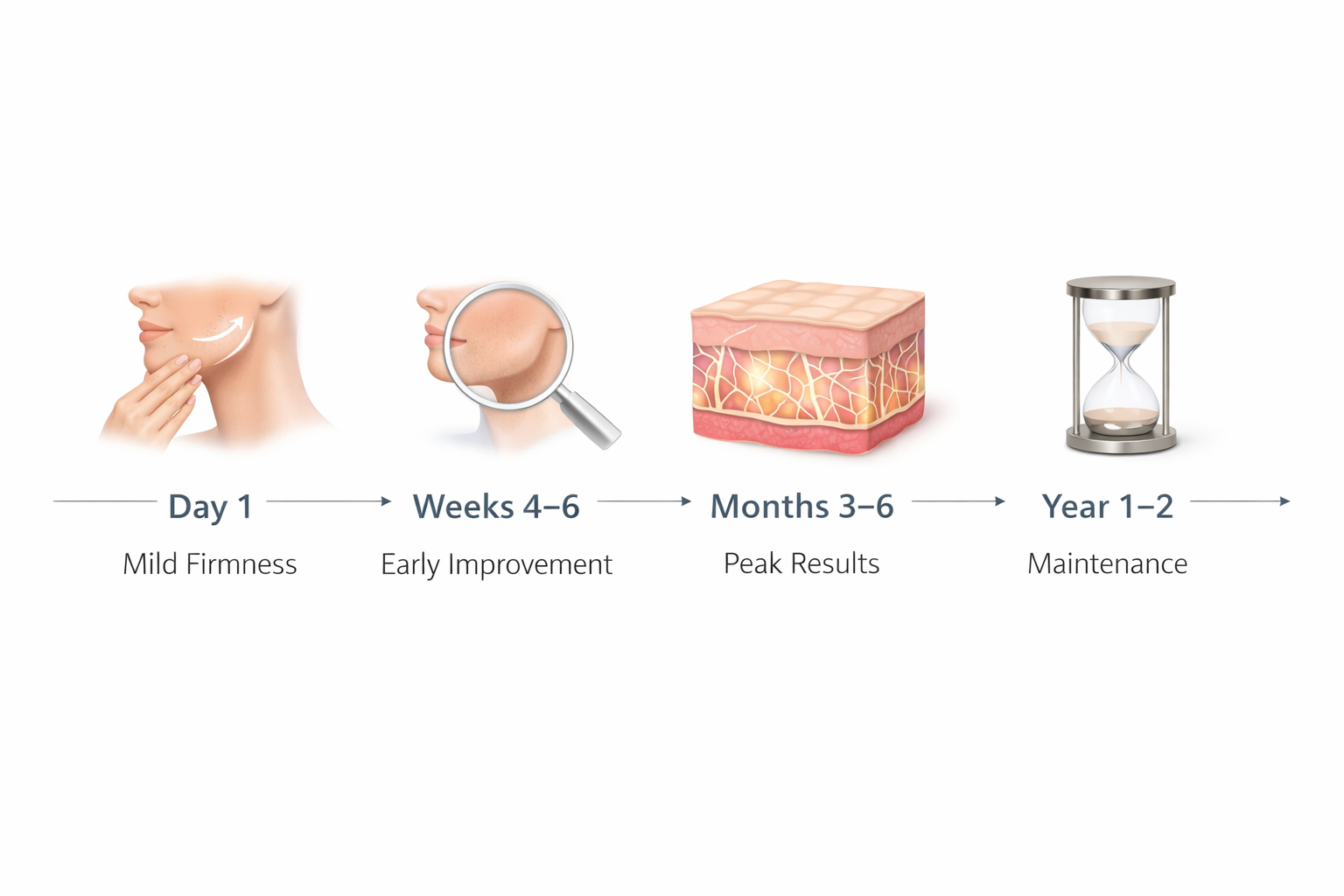 Timeline infographic showing when RF treatment results appear from day one to peak at three to six