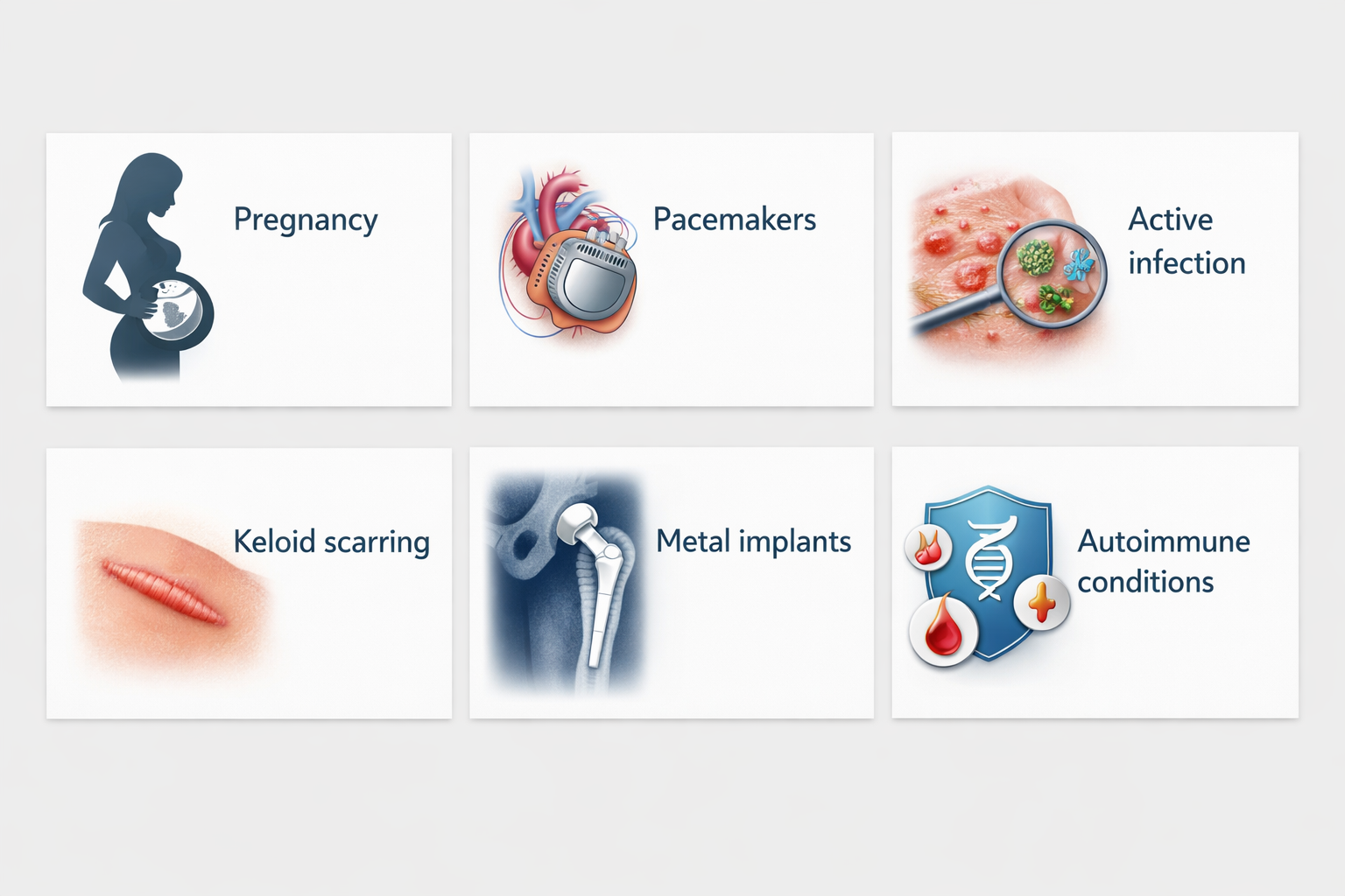 Fact cards listing contraindications for RF treatment including pregnancy, pacemakers, and active
