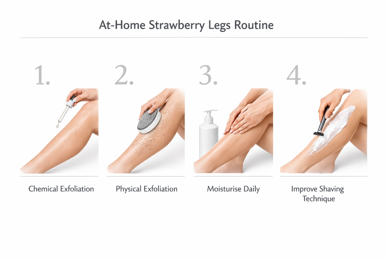 Four-step at-home treatment routine for strawberry legs including exfoliation and moisturising