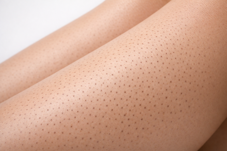 Close-up illustration of strawberry legs showing dark dots at hair follicles on leg skin