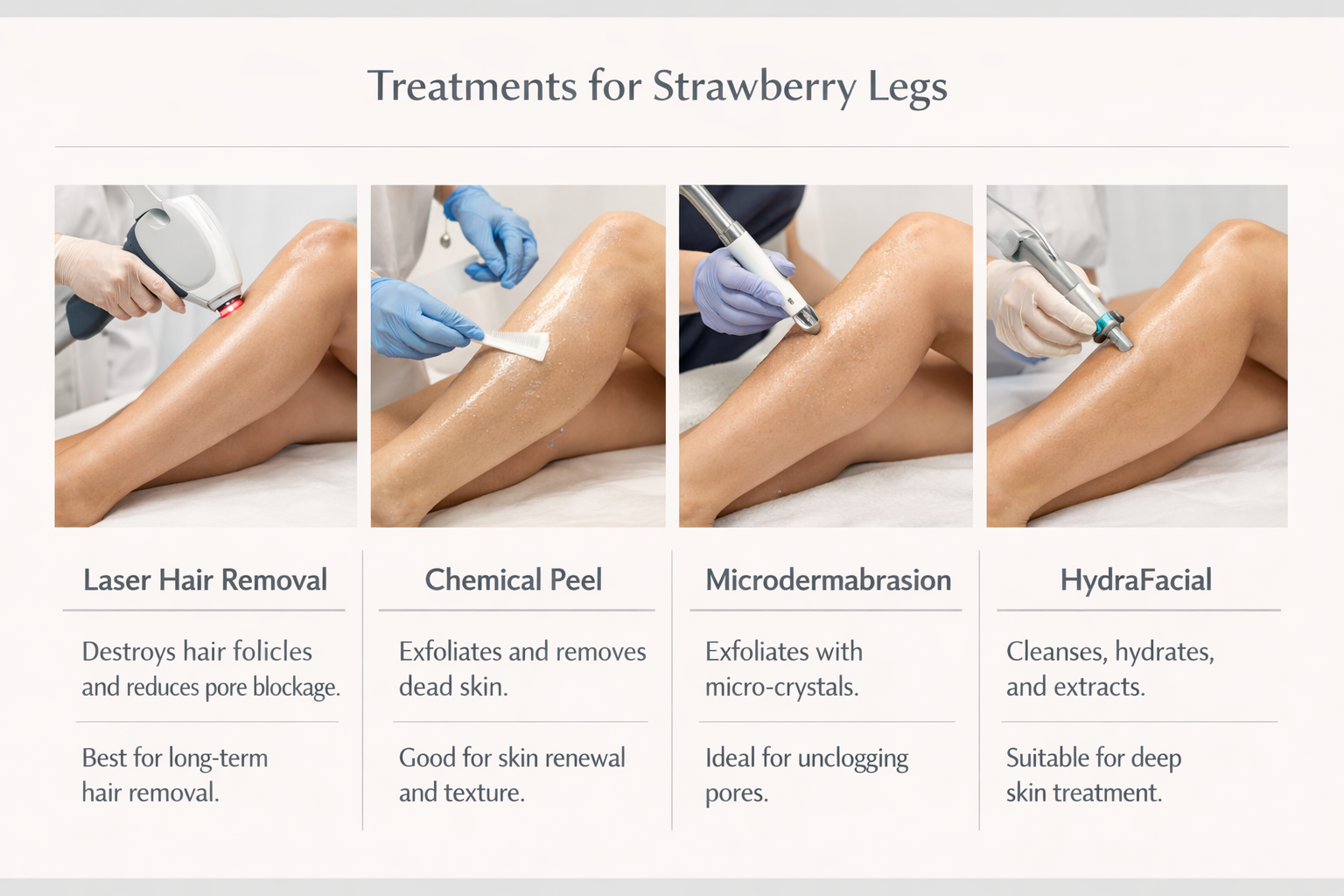 Comparison of professional treatments for strawberry legs including laser hair removal and