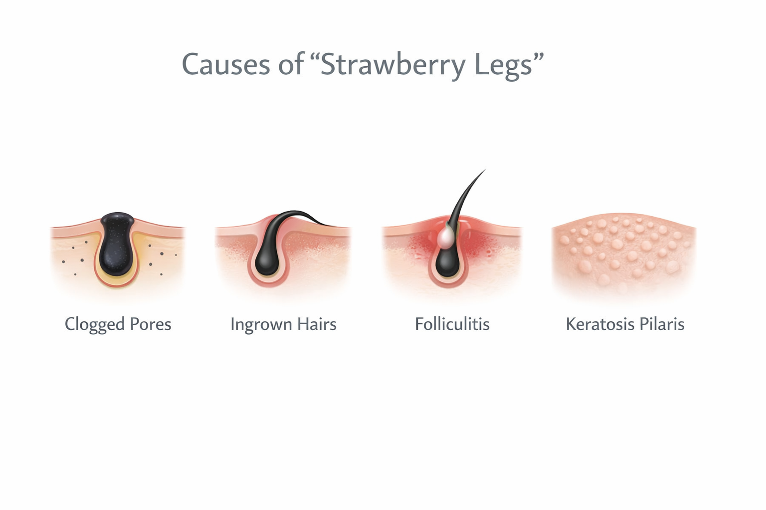 Infographic showing four main causes of strawberry legs including clogged pores and ingrown hairs