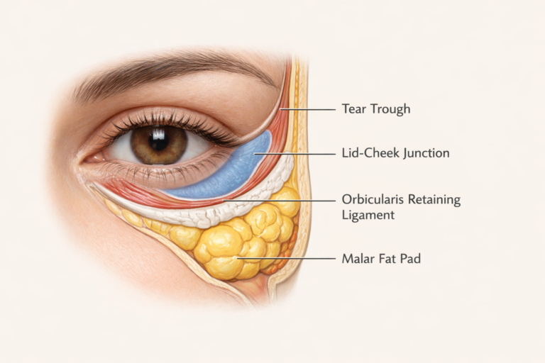 Anatomical illustration of tear trough and lid-cheek junction showing key periorbital structures