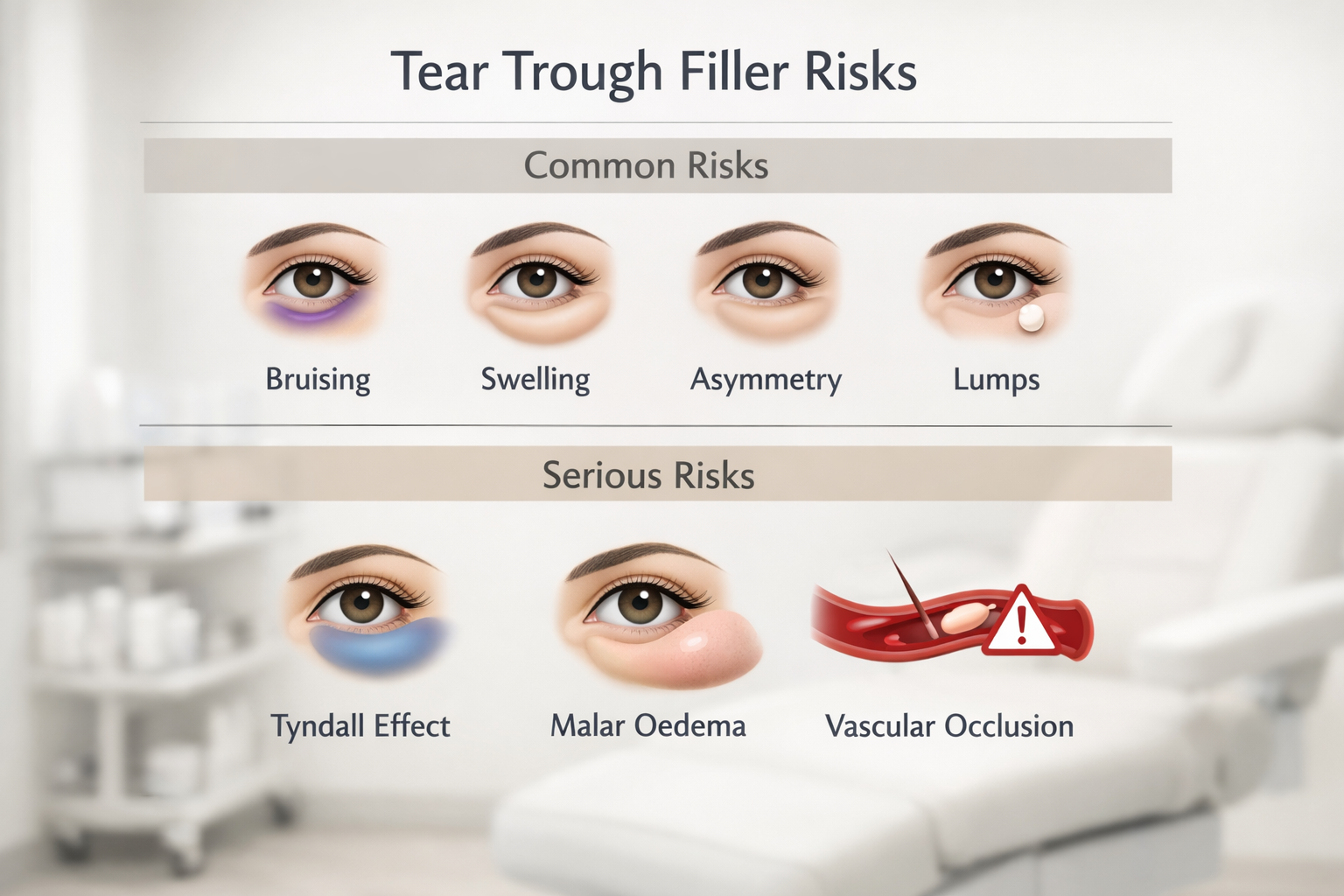Infographic showing common and serious risks of tear trough filler treatment