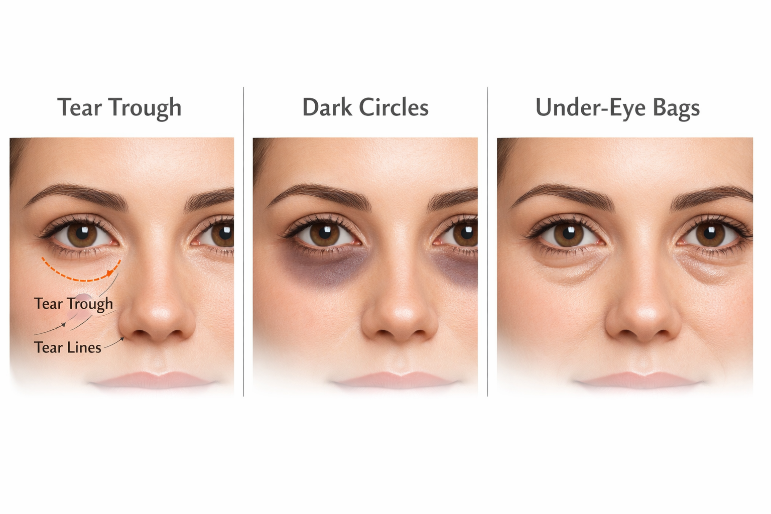 Comparison illustration showing tear trough hollow, dark circles, and under-eye bags side by side
