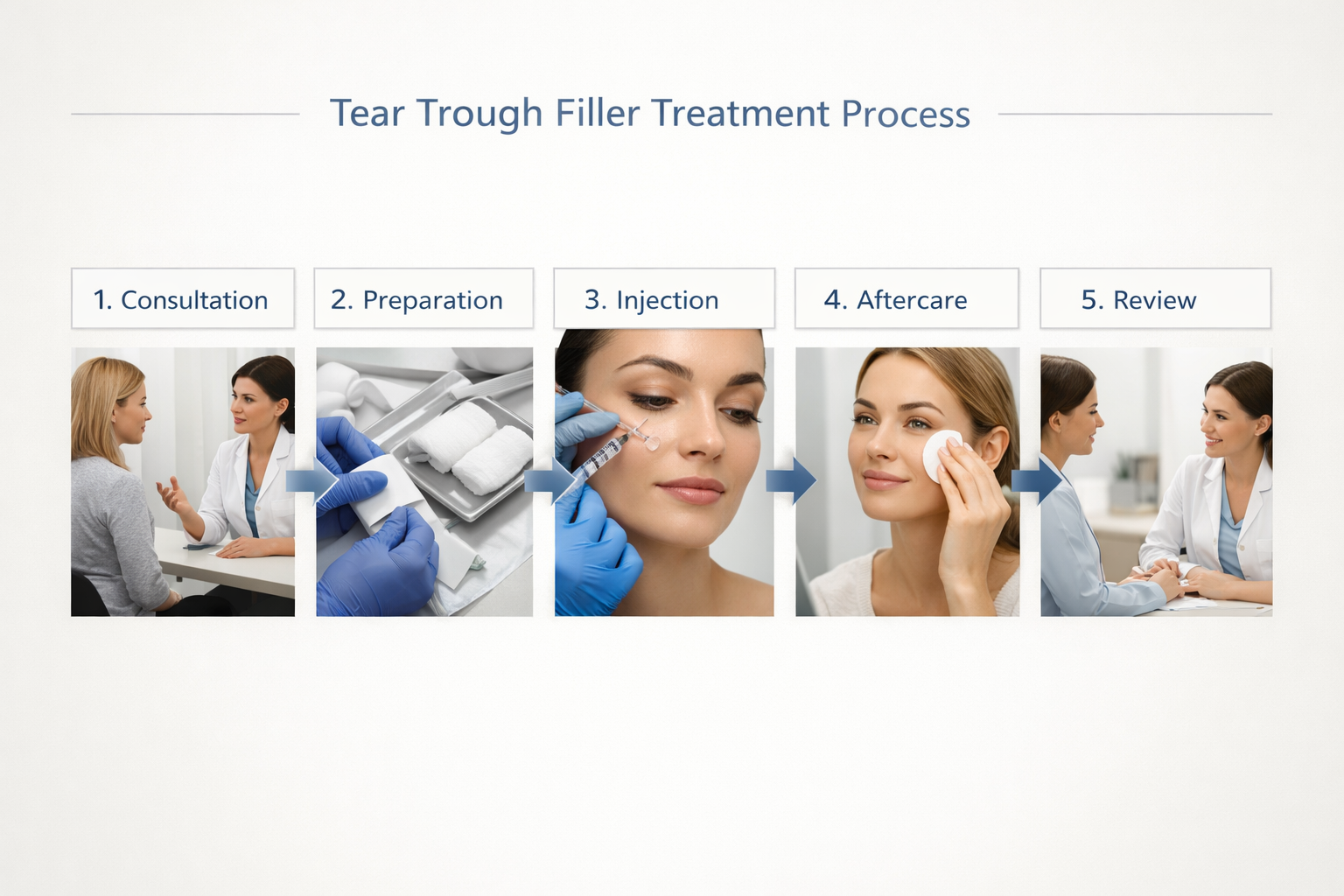 Step-by-step process diagram for tear trough filler treatment from consultation to review