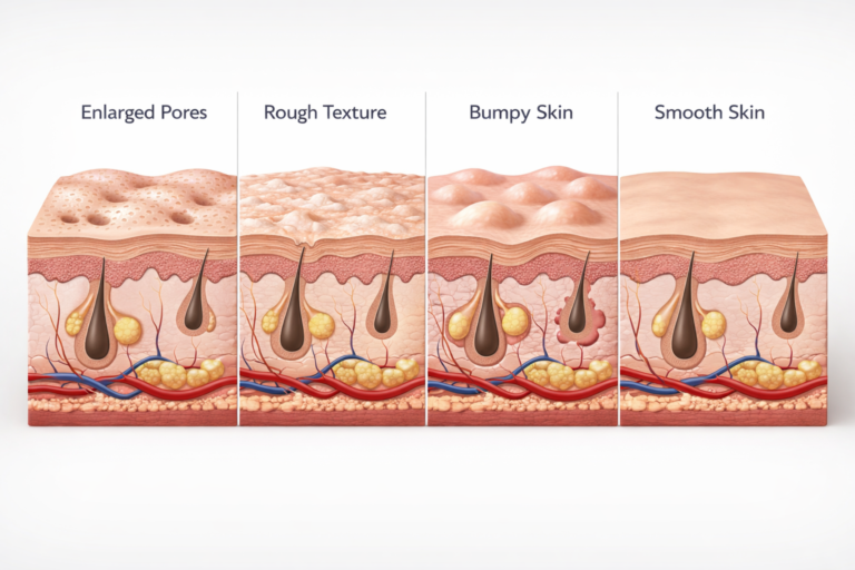 Illustration showing different types of textured skin including enlarged pores and rough patches