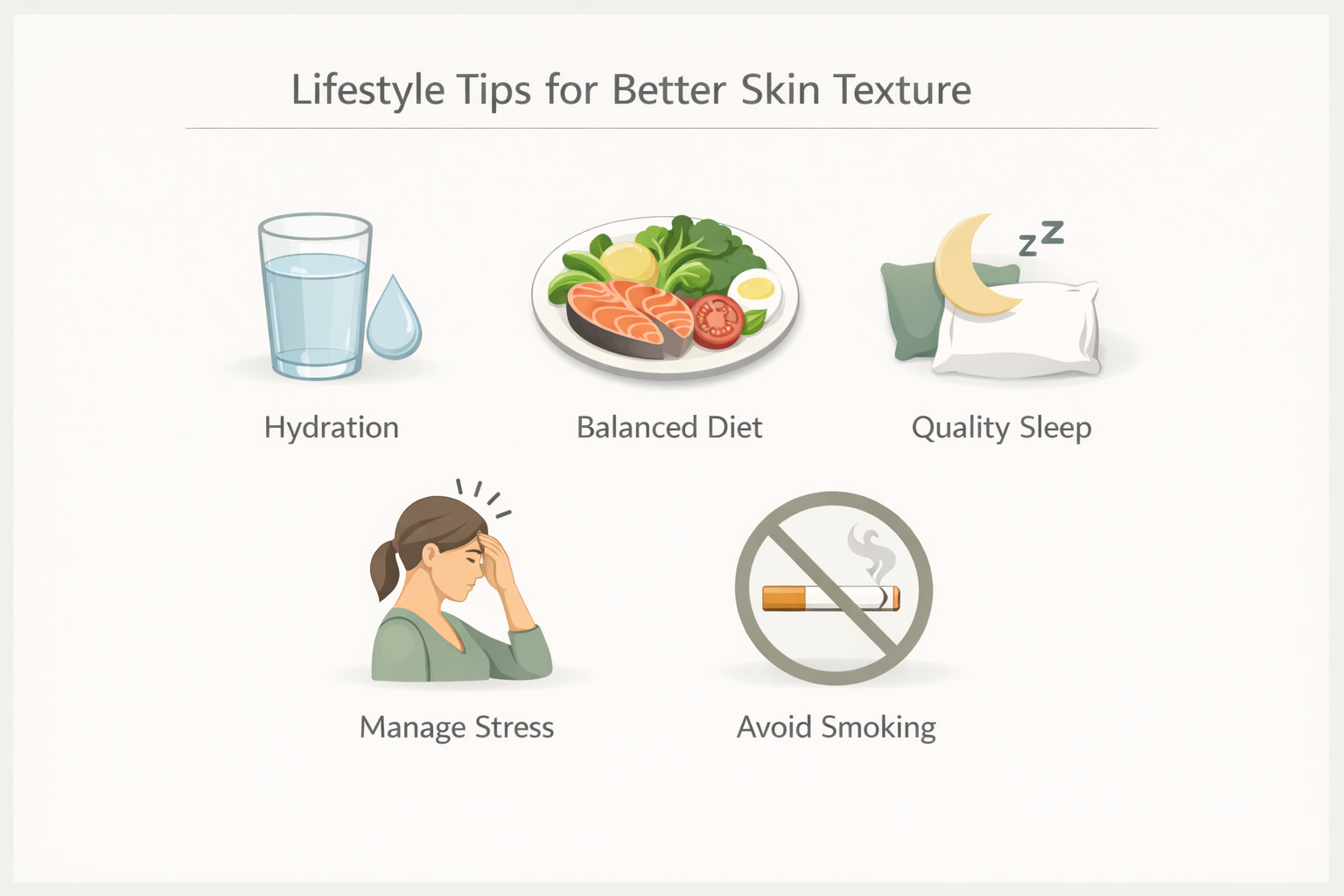 Infographic of lifestyle factors supporting skin texture improvement including hydration and sleep