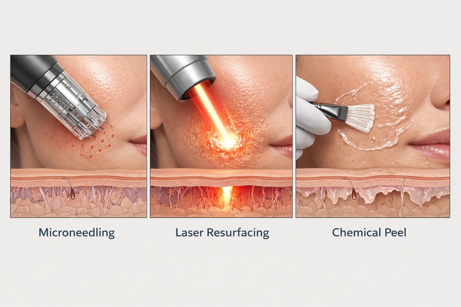 Comparison illustration of microneedling, laser resurfacing and chemical peel for textured skin