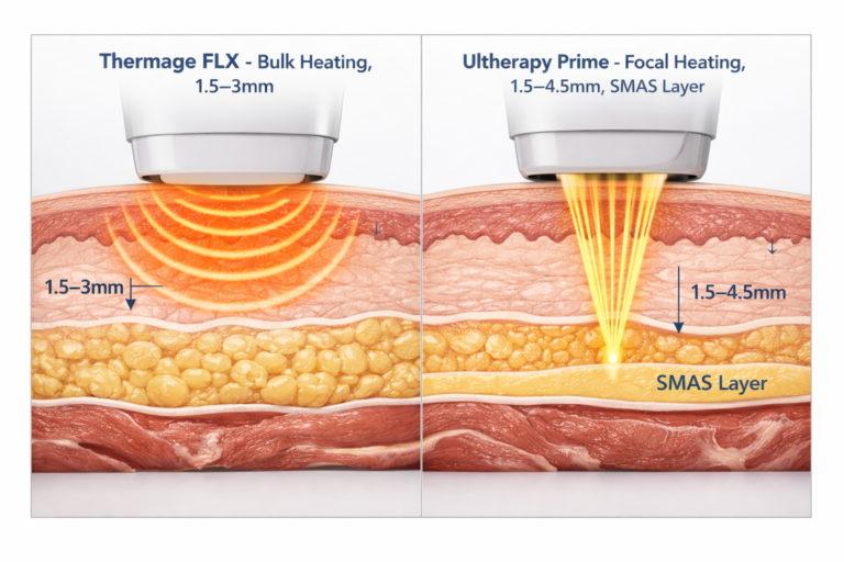 Thermage vs Ultherapy comparison showing radiofrequency and micro-focused ultrasound depth of