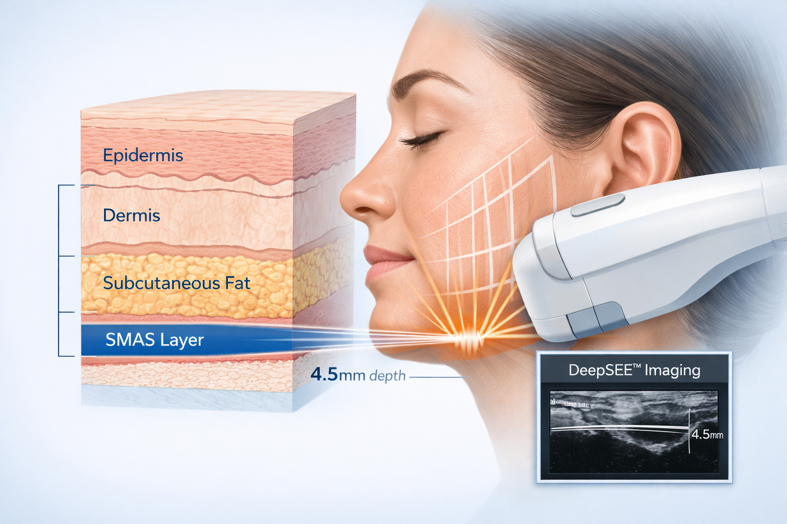 Ultherapy micro-focused ultrasound reaching SMAS layer with DeepSEE real-time imaging illustration