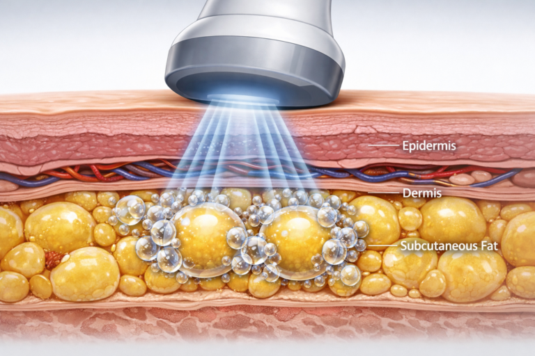Ultrasonic cavitation handheld transducer emitting sound waves to disrupt subcutaneous fat cell