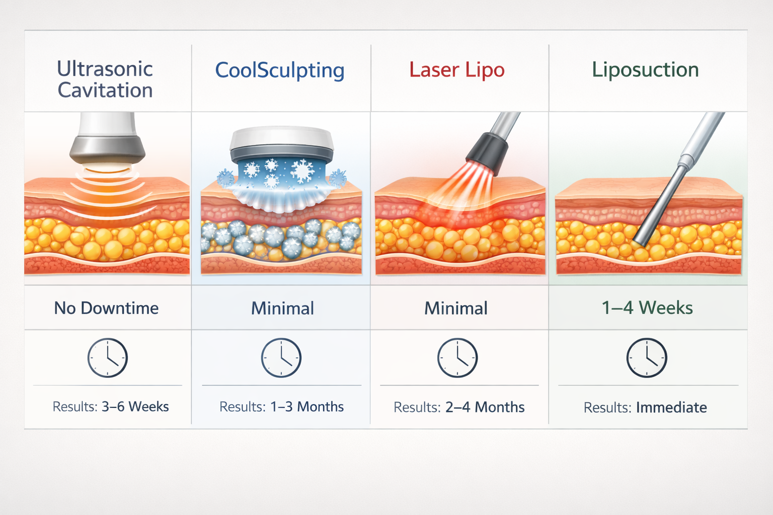 Comparison of ultrasonic cavitation, CoolSculpting, laser lipo and liposuction by mechanism and