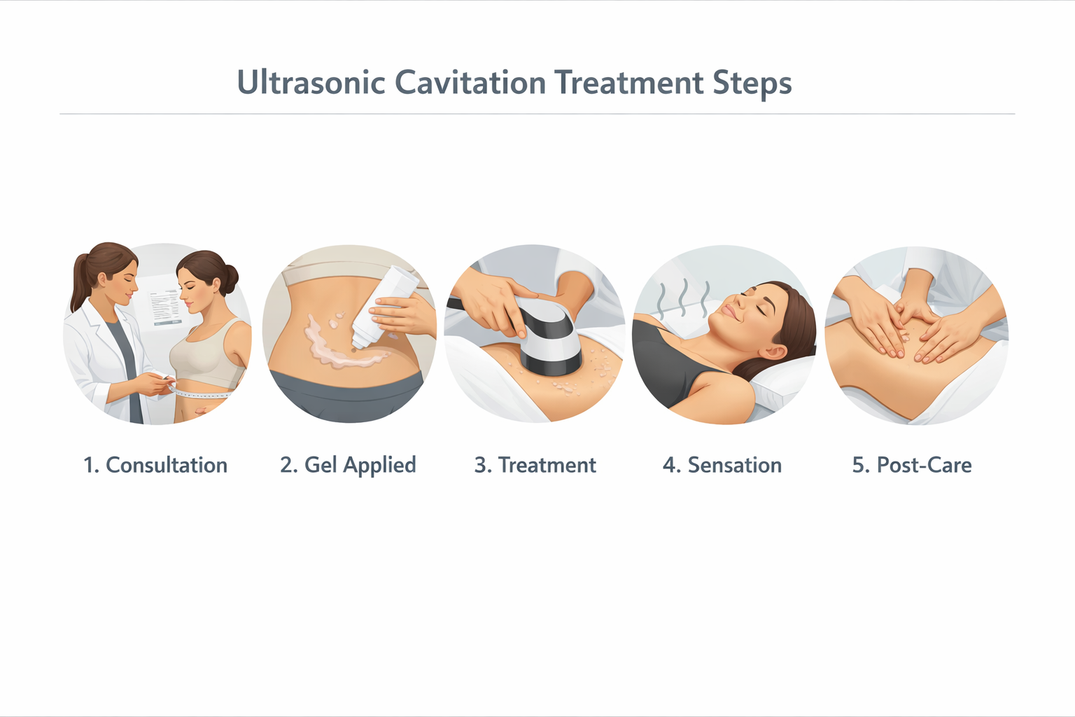 Five-step diagram showing what happens during an ultrasonic cavitation treatment session
