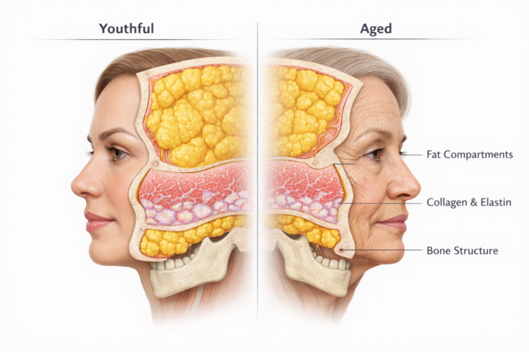 Illustration of facial volume loss showing fat, collagen, and bone changes with ageing