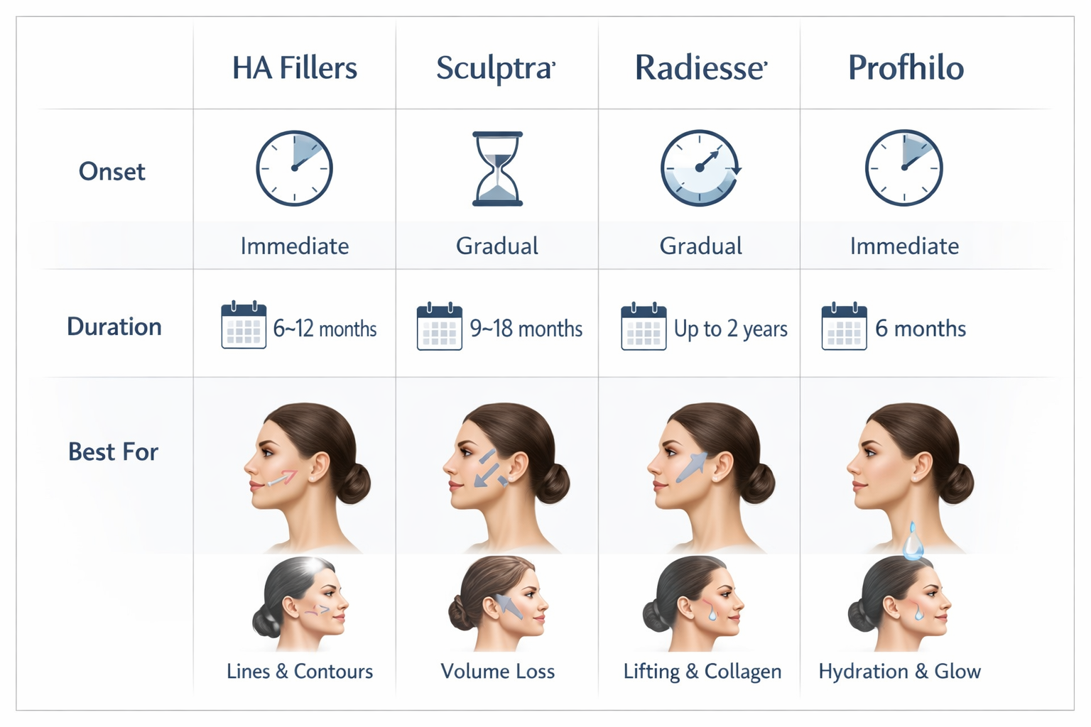 Comparison graphic of HA fillers, Sculptra, Radiesse, and Profhilo for facial volume loss