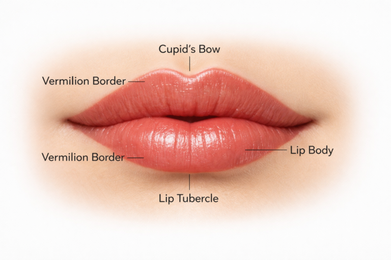 Lip anatomy diagram showing cupid's bow, vermilion border and lip body for filler treatment