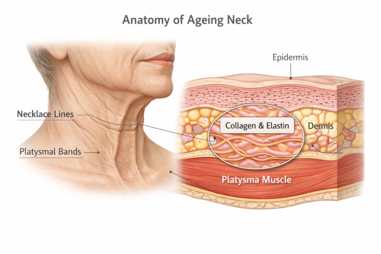 Illustration of neck anatomy showing collagen loss, platysmal bands and necklace lines in ageing