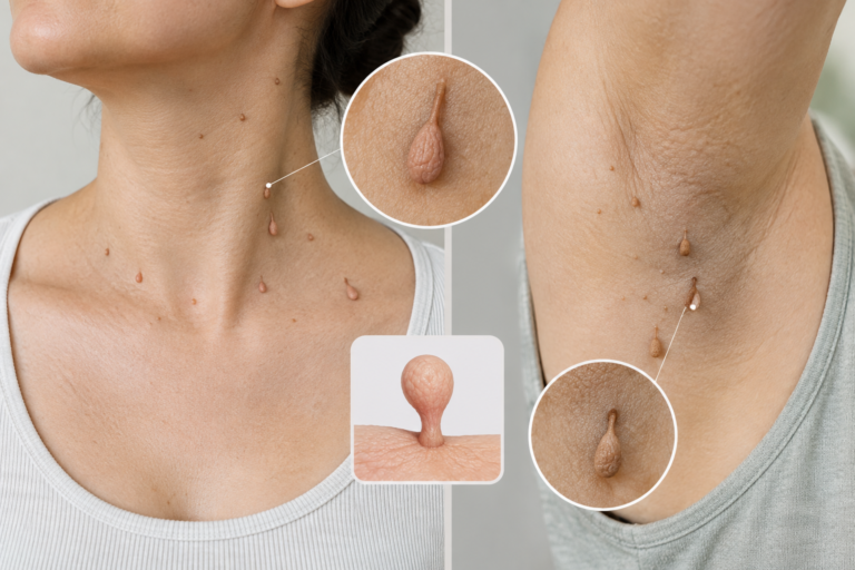 Medical illustration of acrochordons (skin tags) on neck and underarm skin fold areas