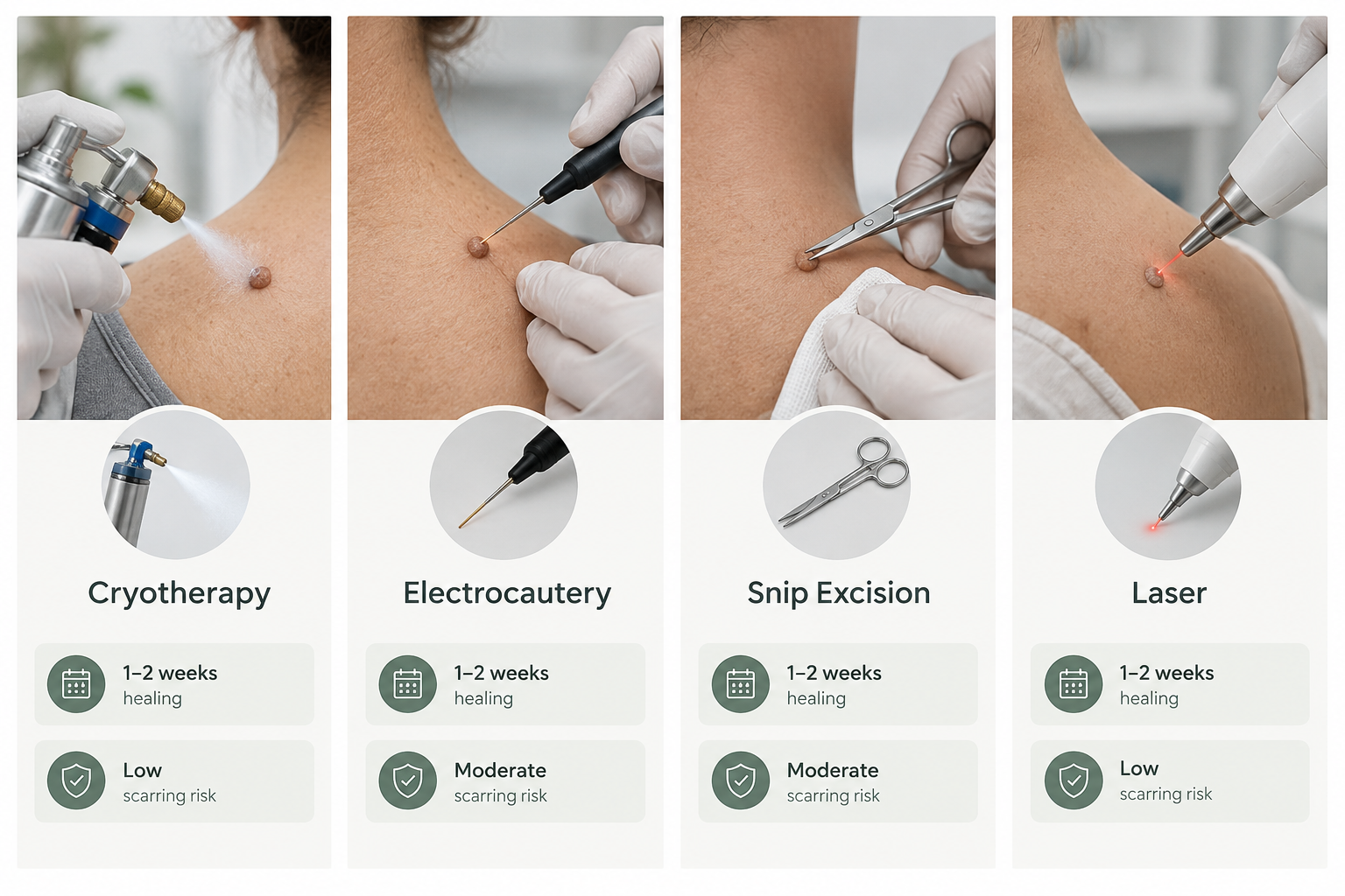 Comparison of acrochordon removal methods including cryotherapy, electrocautery, excision and laser