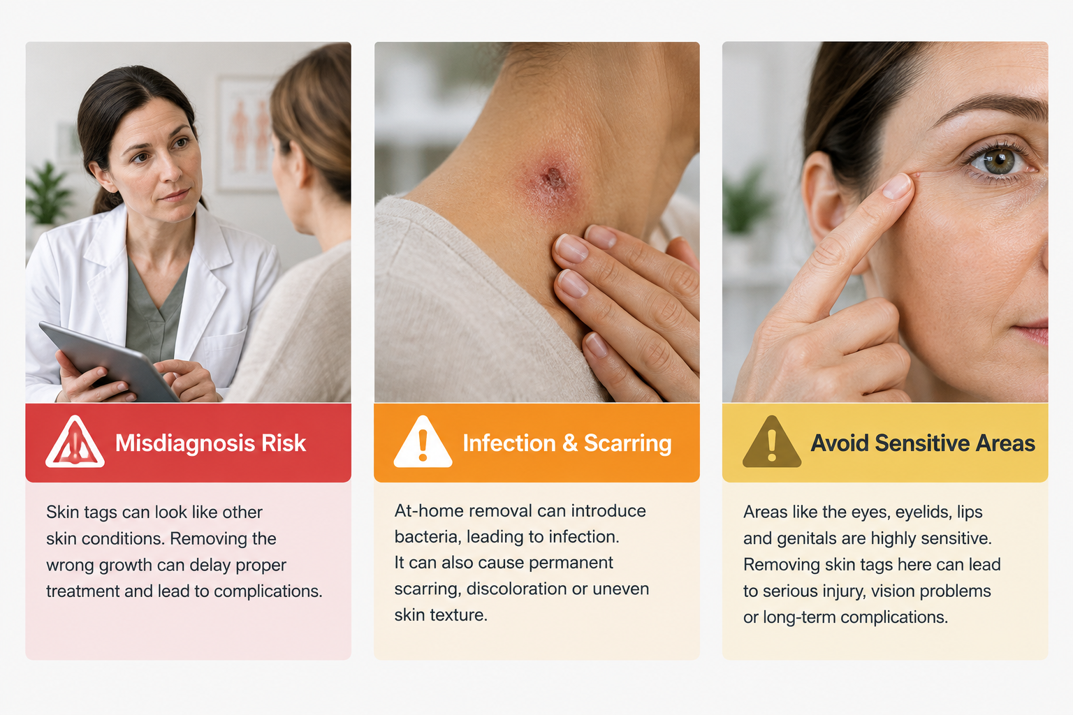 Fact cards warning against at-home acrochordon removal due to misdiagnosis, infection and scarring