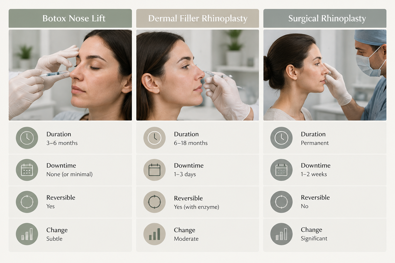 Comparison of botox nose lift, dermal filler rhinoplasty, and surgical rhinoplasty by key