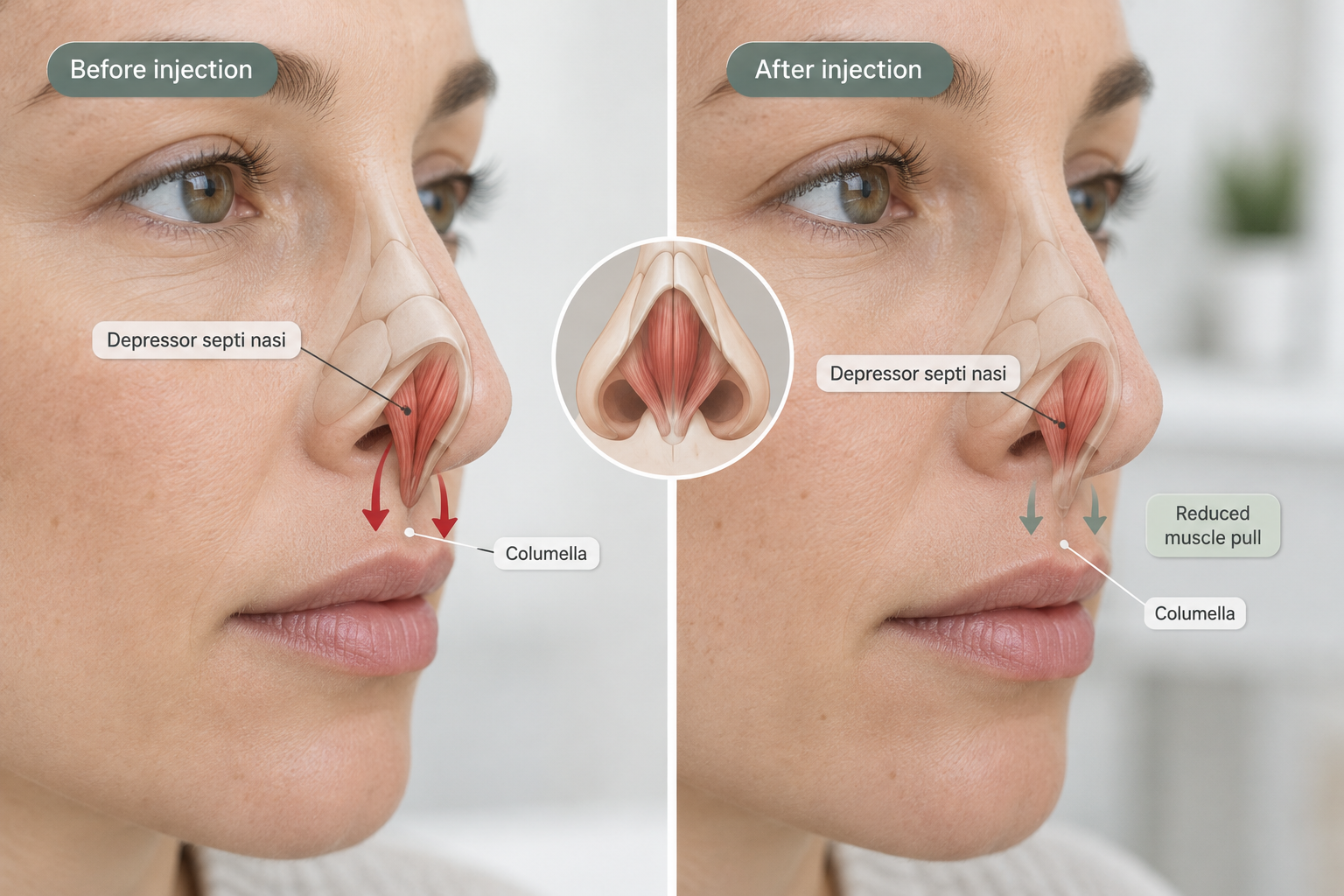Diagram of depressor septi nasi muscle showing how botulinum toxin reduces downward nasal tip pull