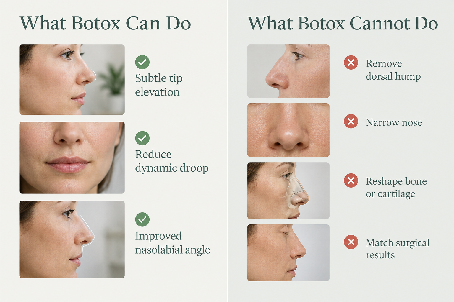 Infographic comparing what a botox nose lift can and cannot achieve for nasal reshaping