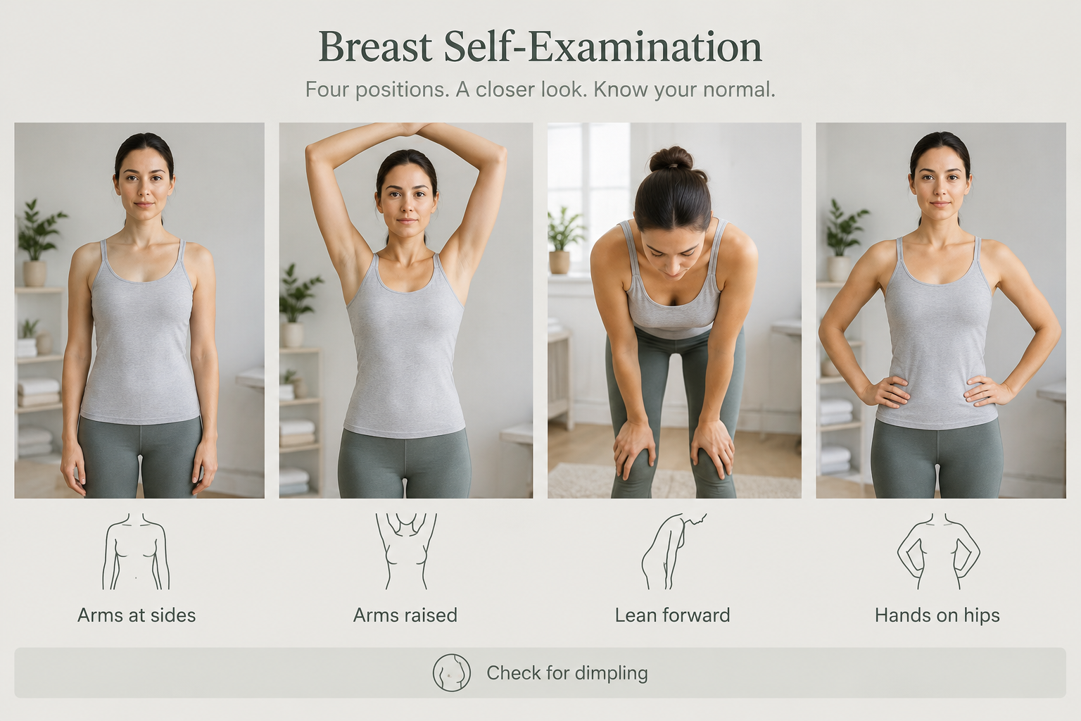 Infographic showing four breast self-examination positions to check for dimpling