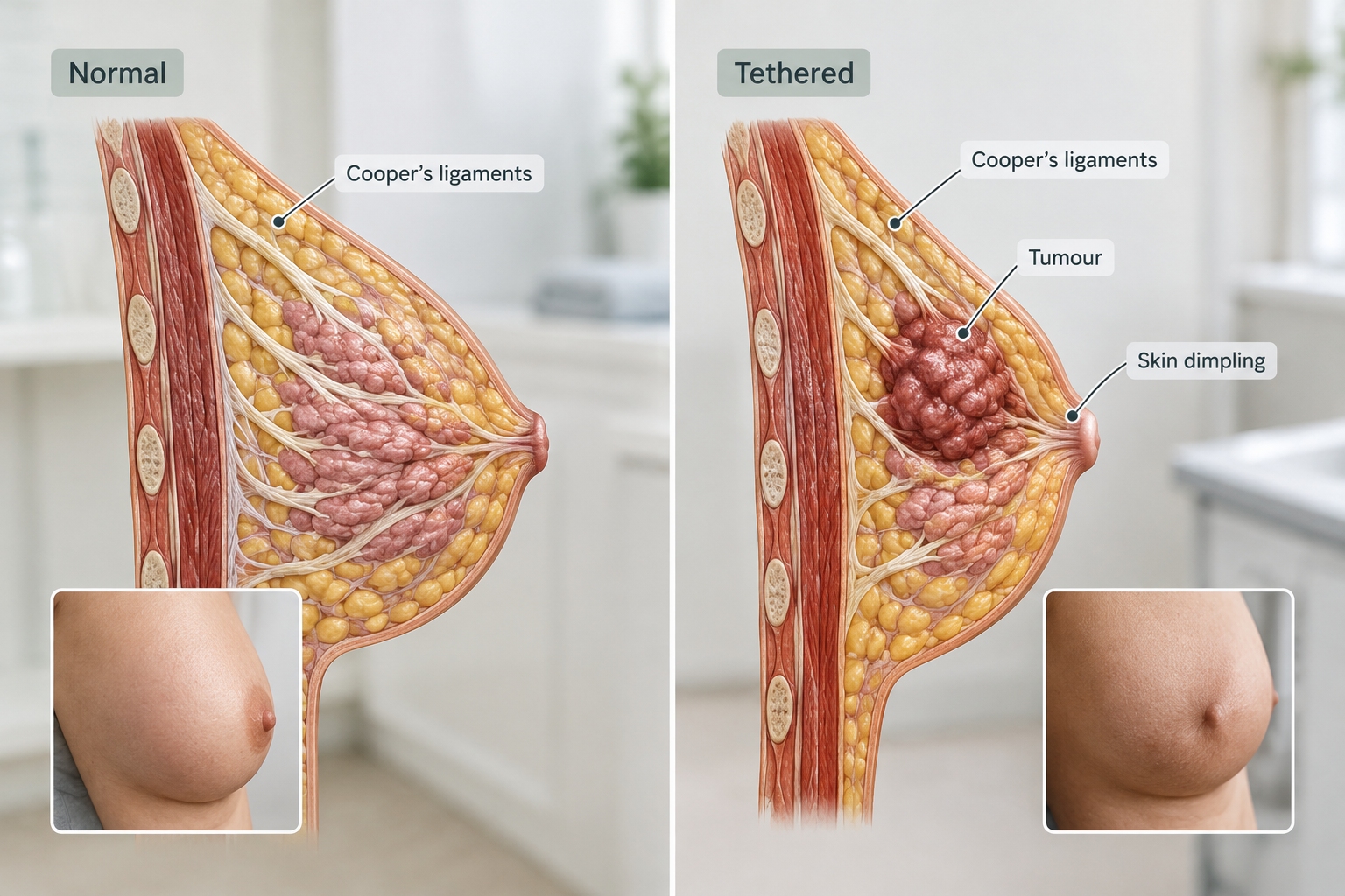 Diagram showing how a breast tumour tethers Cooper's ligaments causing skin dimpling