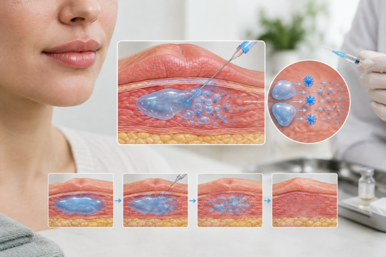 Illustration of hyaluronidase dissolving hyaluronic acid lip filler in lip tissue