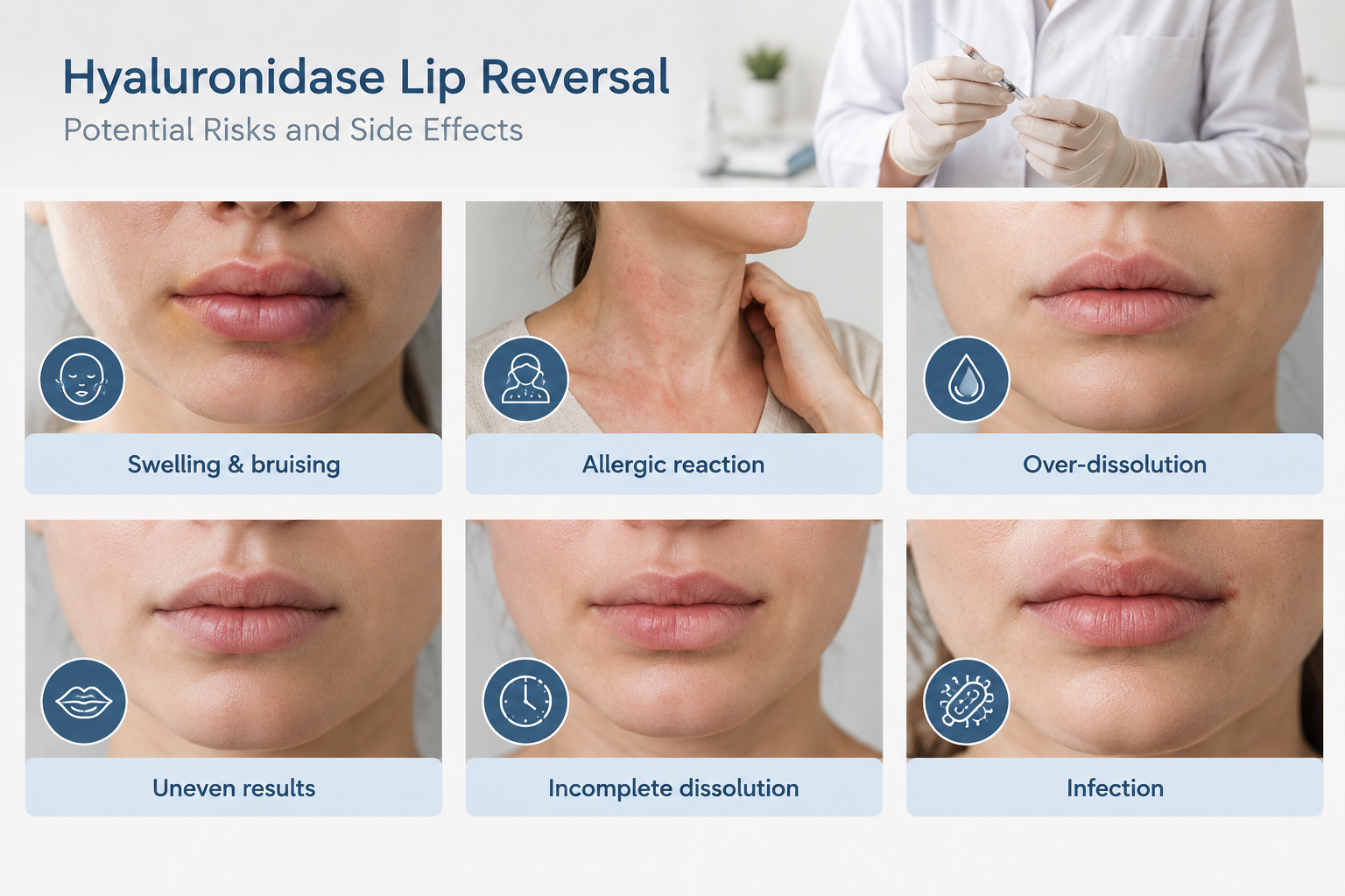 Infographic summarising risks and side effects of dissolving lip filler with hyaluronidase