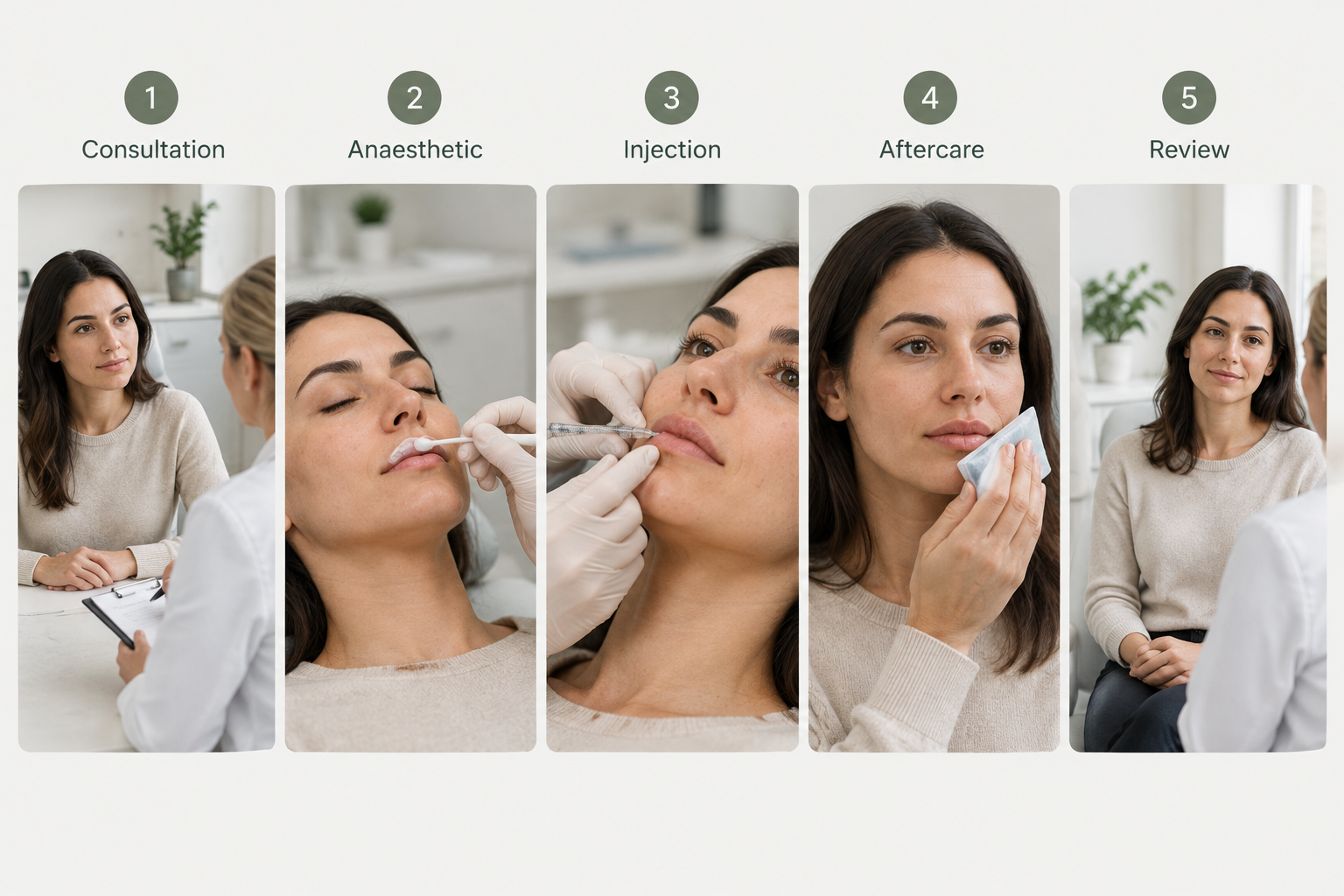 Step-by-step process diagram for a hyaluronidase lip dissolving appointment